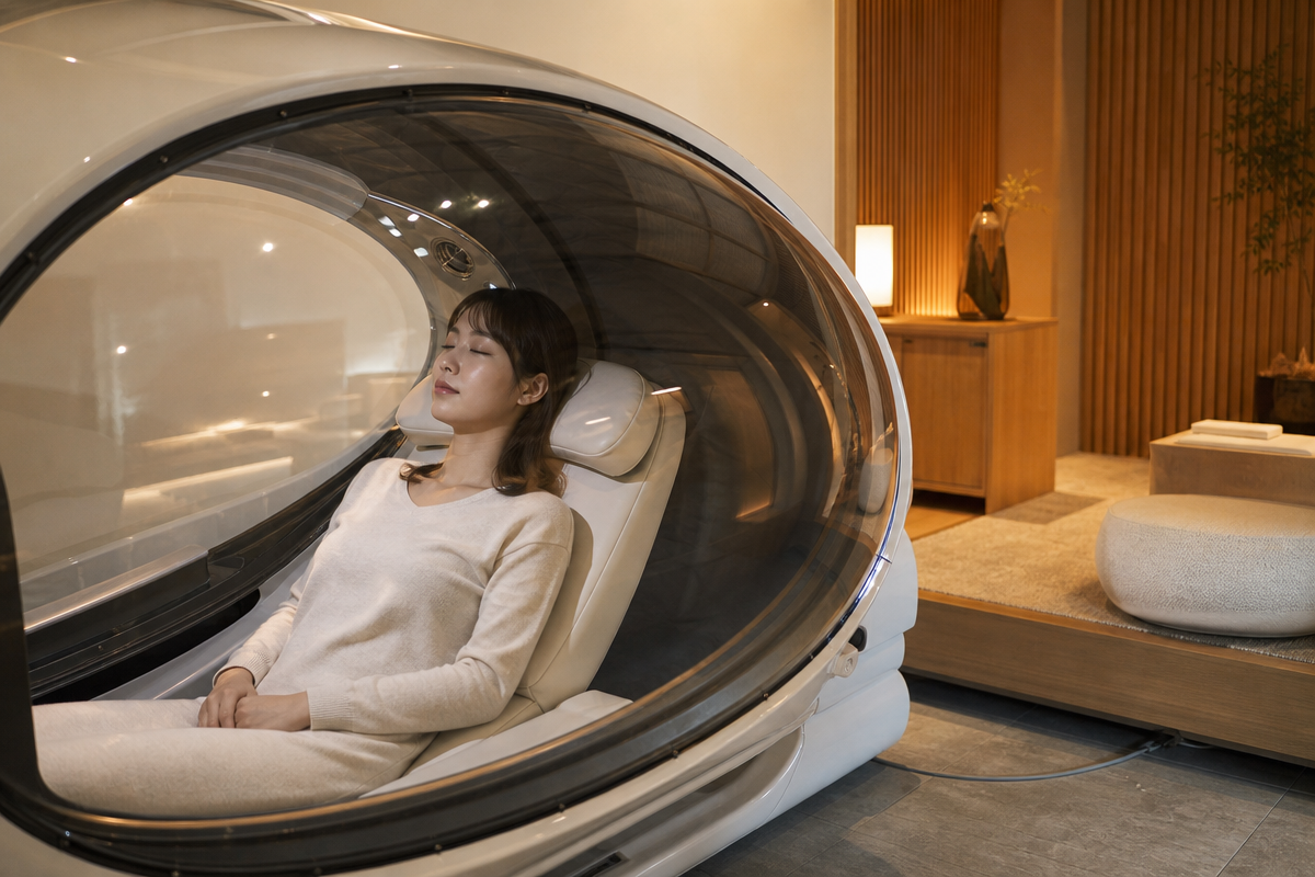 麻布十番の酸素カプセルサロンで日本人女性がリラックスしている様子を示す画像  