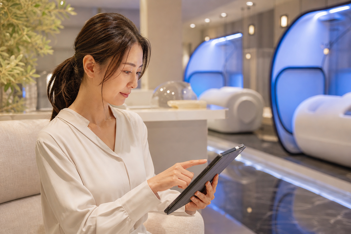 浜松のサロンで日本人女性が酸素カプセル料金プランをタブレットで比較している様子。