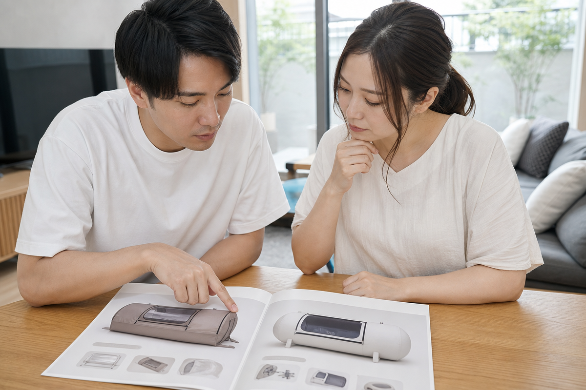 日本人夫婦がリビングで家庭用酸素カプセルのソフト型とハード型を比較し、家庭用酸素カプセル値段の違いを検討している様子