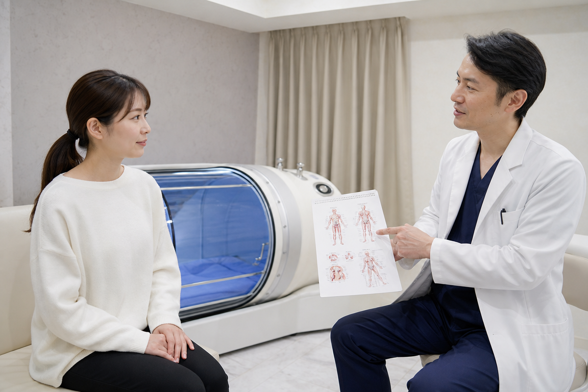 日本人女性が医師と酸素カプセルの副作用や禁忌条件を確認している様子を示す画像。  