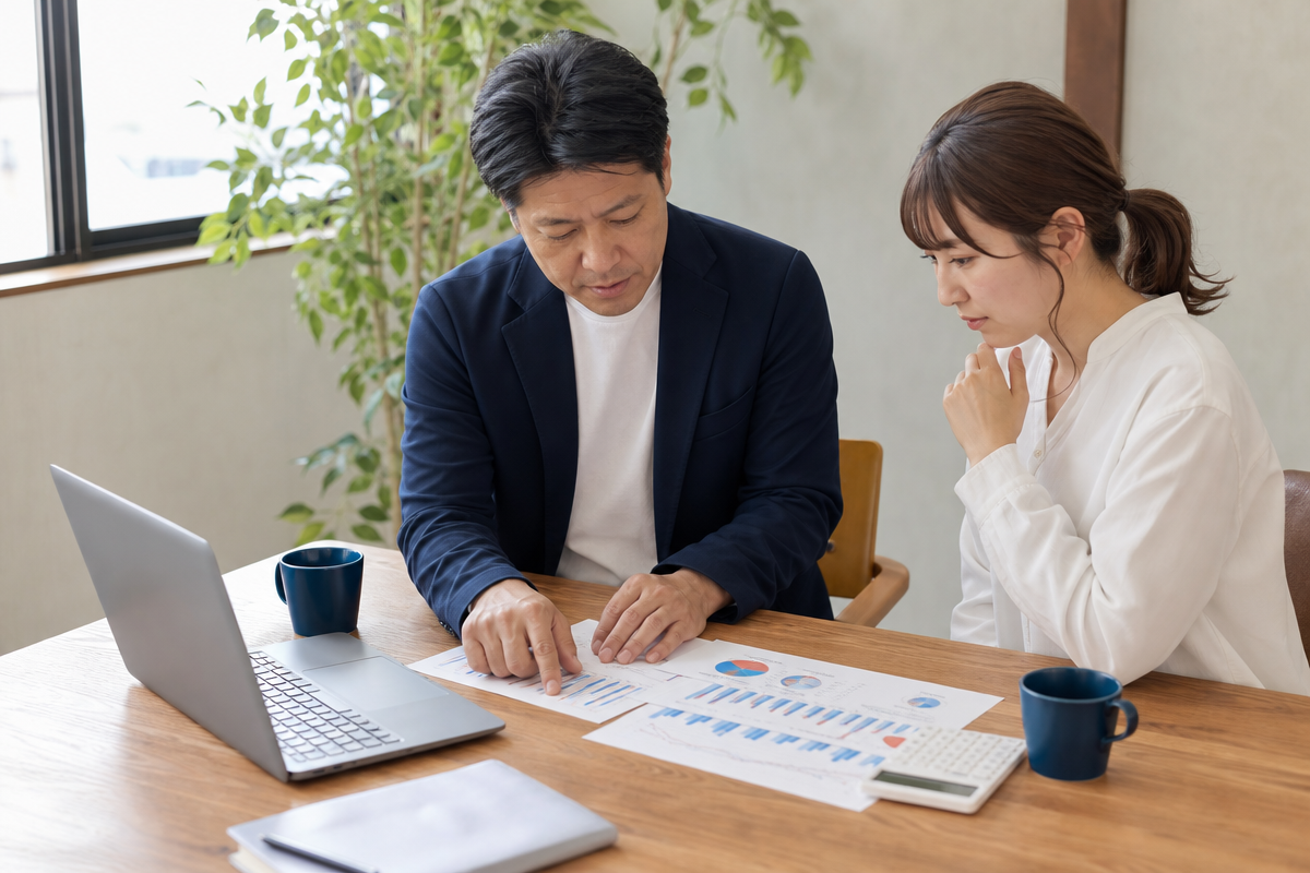日本人経営者が酸素カプセル購入とリース・レンタルのコスト比較表を見ながら投資シミュレーションを行っている様子  