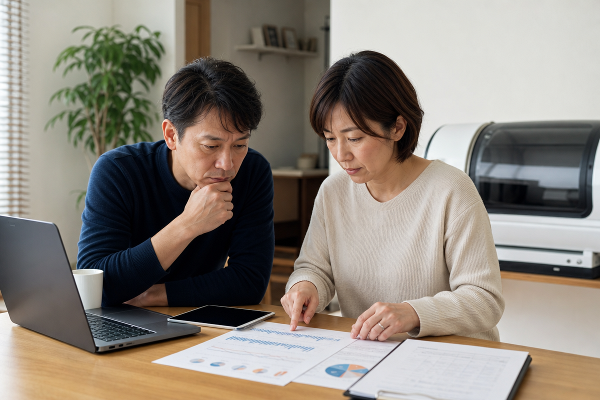日本人夫婦が家庭用酸素カプセルの購入・レンタル費用を比較する資料を見ながら検討している様子