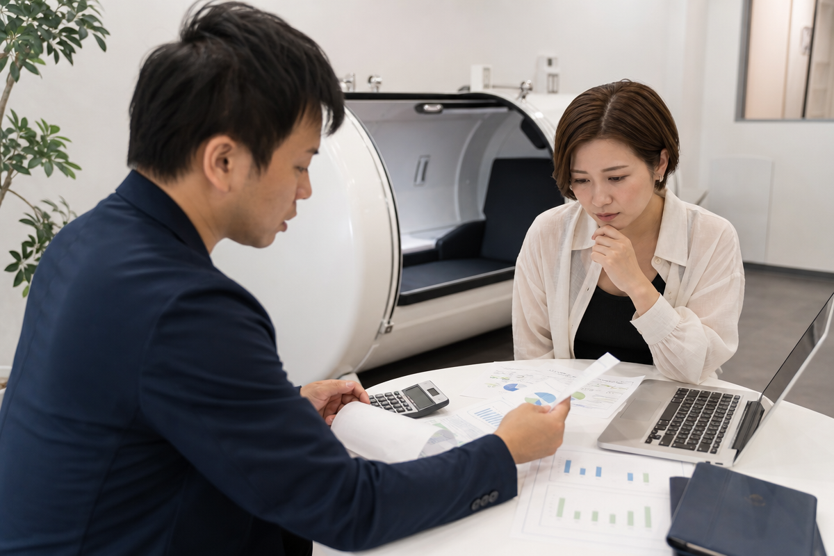 日本人の男女がオフィスでレンタル酸素カプセルの契約書と費用表を確認している様子  