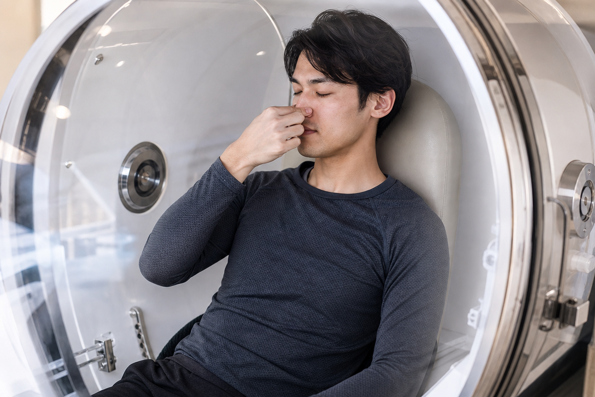日本人男性が酸素カプセル内で鼻をつまみ、耳抜きをゆっくり行う様子がリアルに描かれている