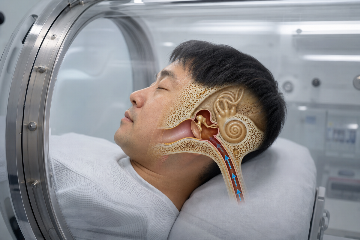 酸素カプセル内で気圧変化により耳抜きを行う日本人男性の断面図。中耳と耳管の仕組みが見える構造図。