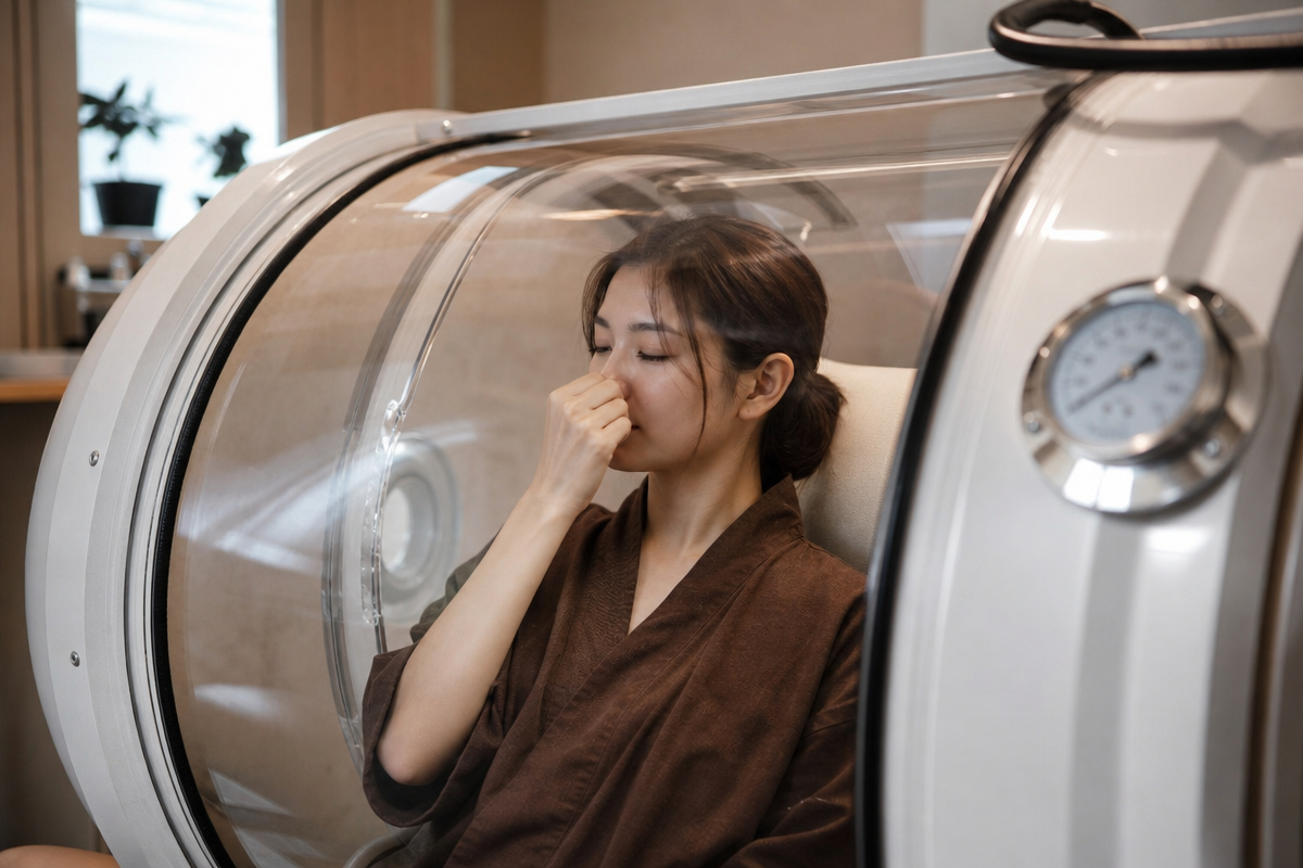 酸素カプセル内で日本人女性が耳抜きのために鼻をつまみ軽く息を吐いている様子を示す  