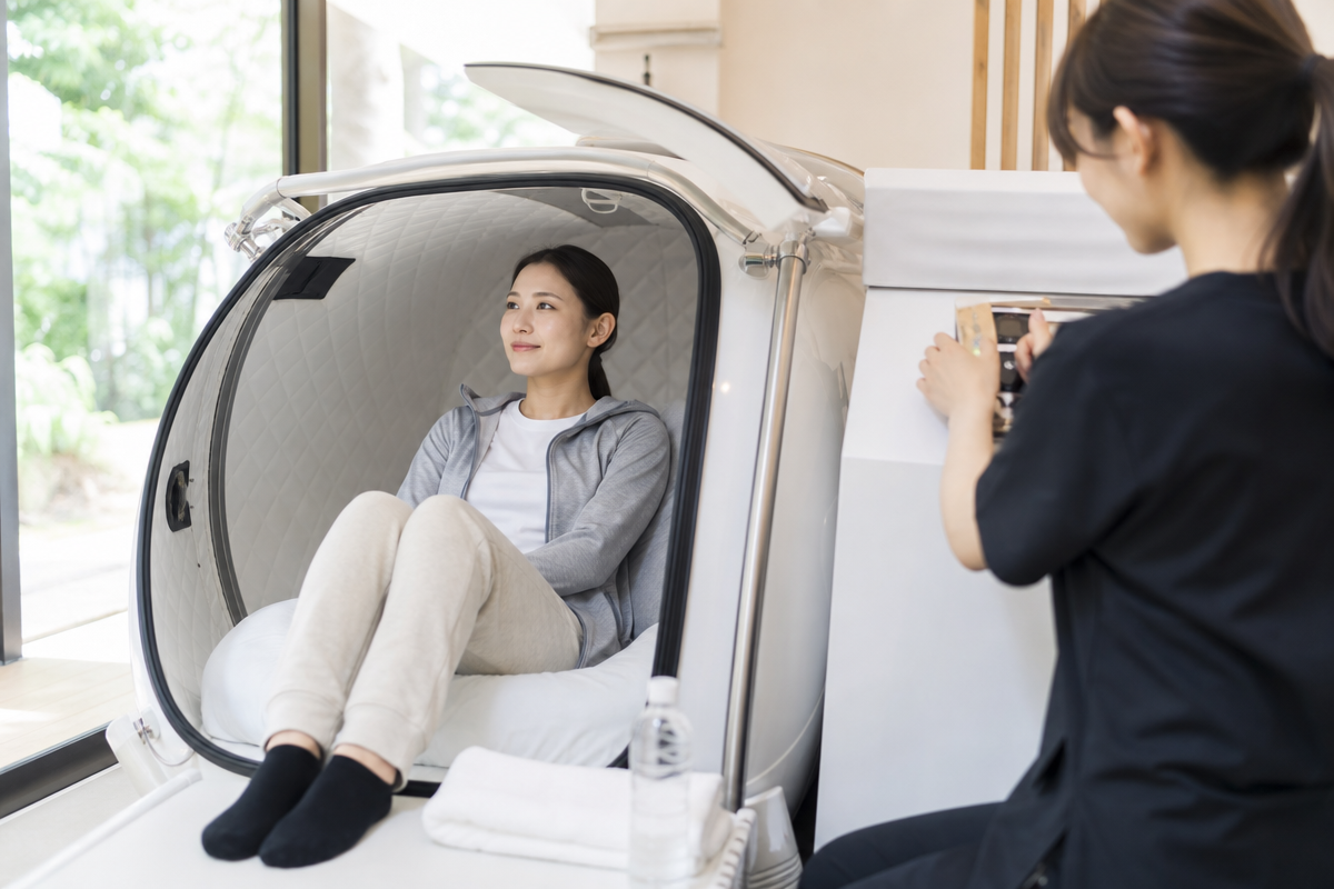 熊本の酸素カプセル施設で、日本人女性がタオルと水を用意し入室準備をしている様子を描く