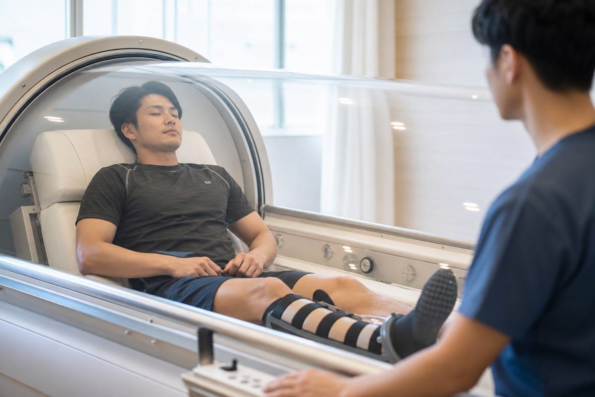 酸素カプセル内で下腿骨折の回復治療を受ける日本人男性アスリートを示し、骨折 酸素カプセル 効果のイメージを伝える  