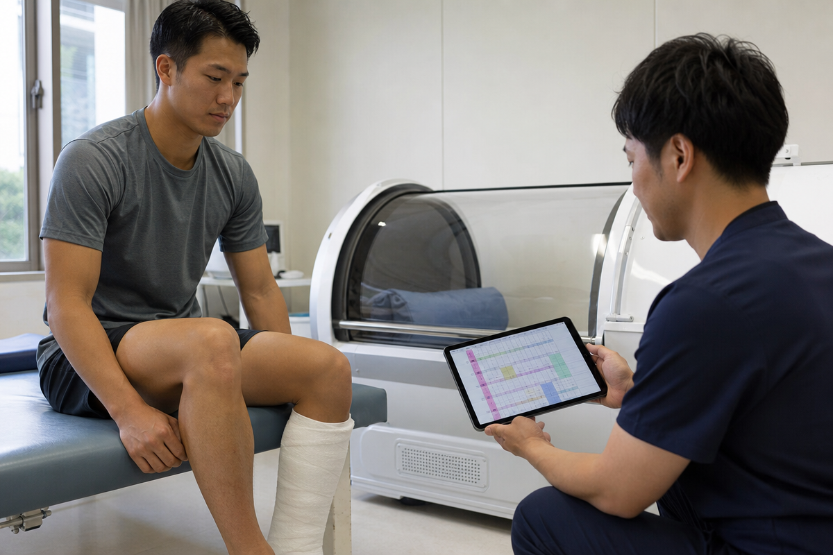 骨折後の日本人男性がリハビリ施設で酸素カプセル利用計画を確認している様子。骨折 酸素カプセル 効果の説明に適した構図。  