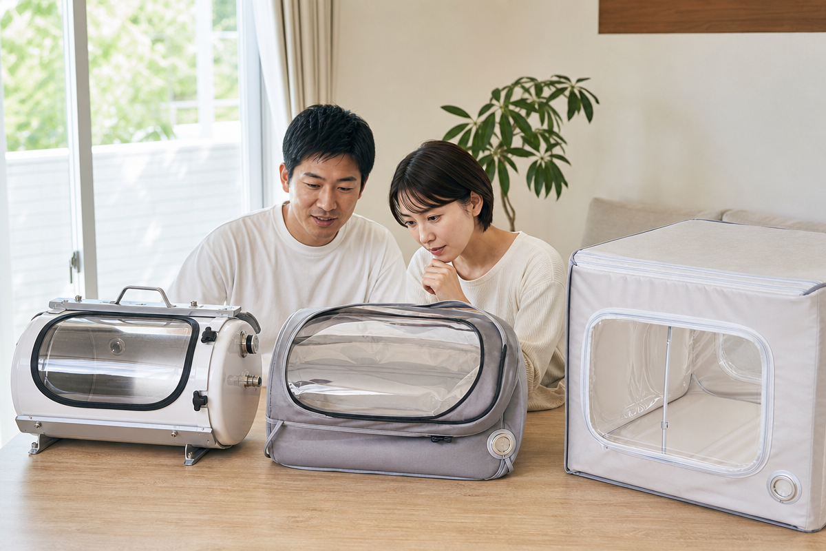 日本人の男女が家庭用酸素カプセルのハード型・ソフト型・ボックス型を比較し、気圧設定や設置スペースを検討している様子