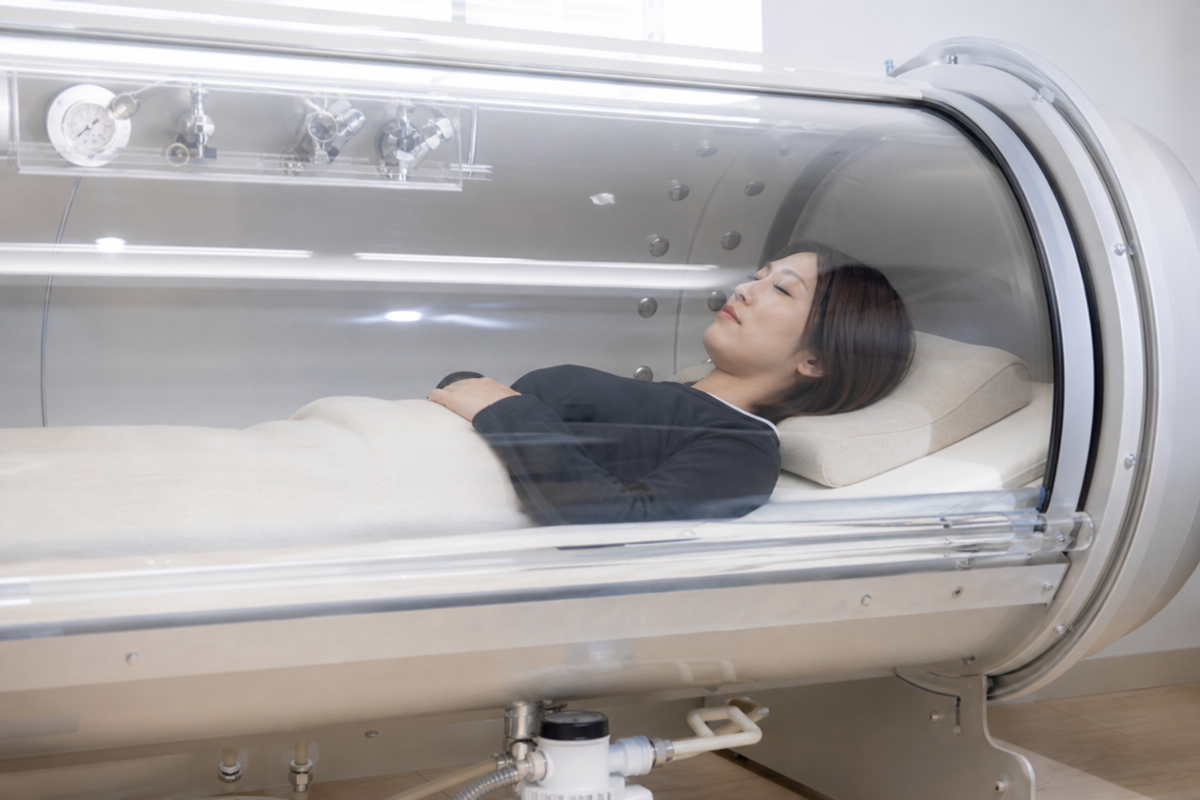 広島のクリニックで日本人女性が酸素カプセルに入っている様子。1.1〜1.3気圧の加圧による血中酸素上昇を示す装置の内部が見える。