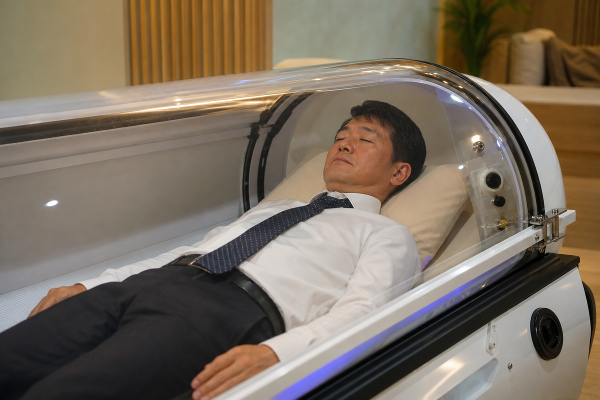 広島のクリニックで酸素カプセルに横たわる日本人男性が疲労回復と睡眠改善を目的にリラックスしている様子