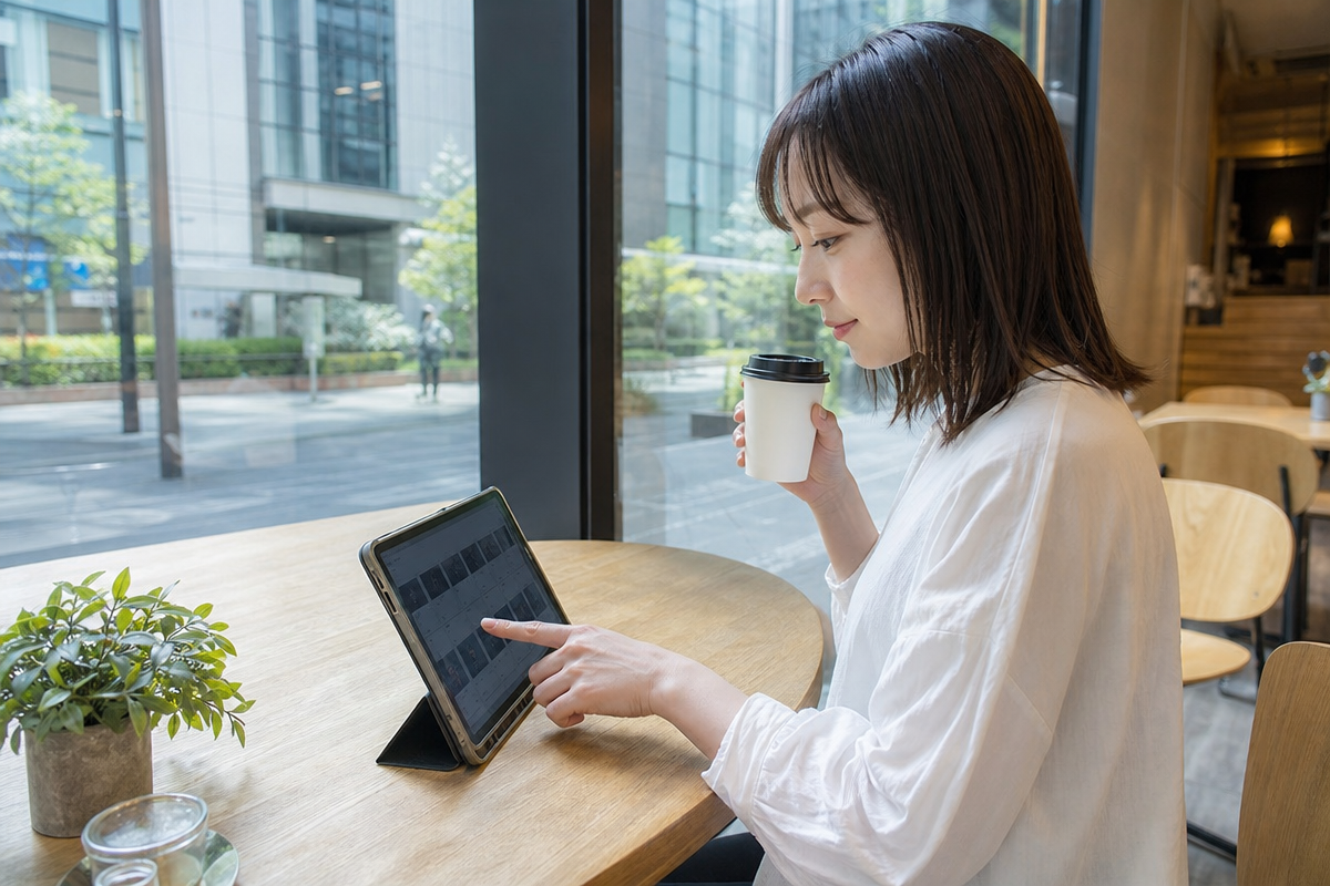 池袋のカフェで日本人女性がタブレットで酸素カプセルの料金比較をしている様子