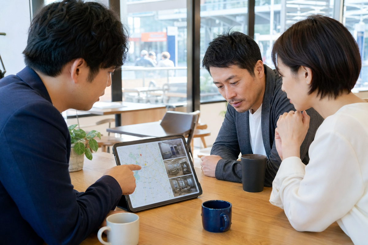 町田駅近くのカフェで3人の日本人がタブレットを見ながら町田 酸素カプセル施設の場所と営業時間を比較している様子