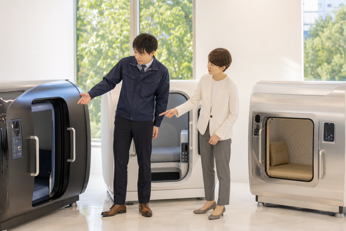 日本人技術者とコンサルタントが酸素カプセル購入のために複数モデルを比較し品質や保証を検討している場面  