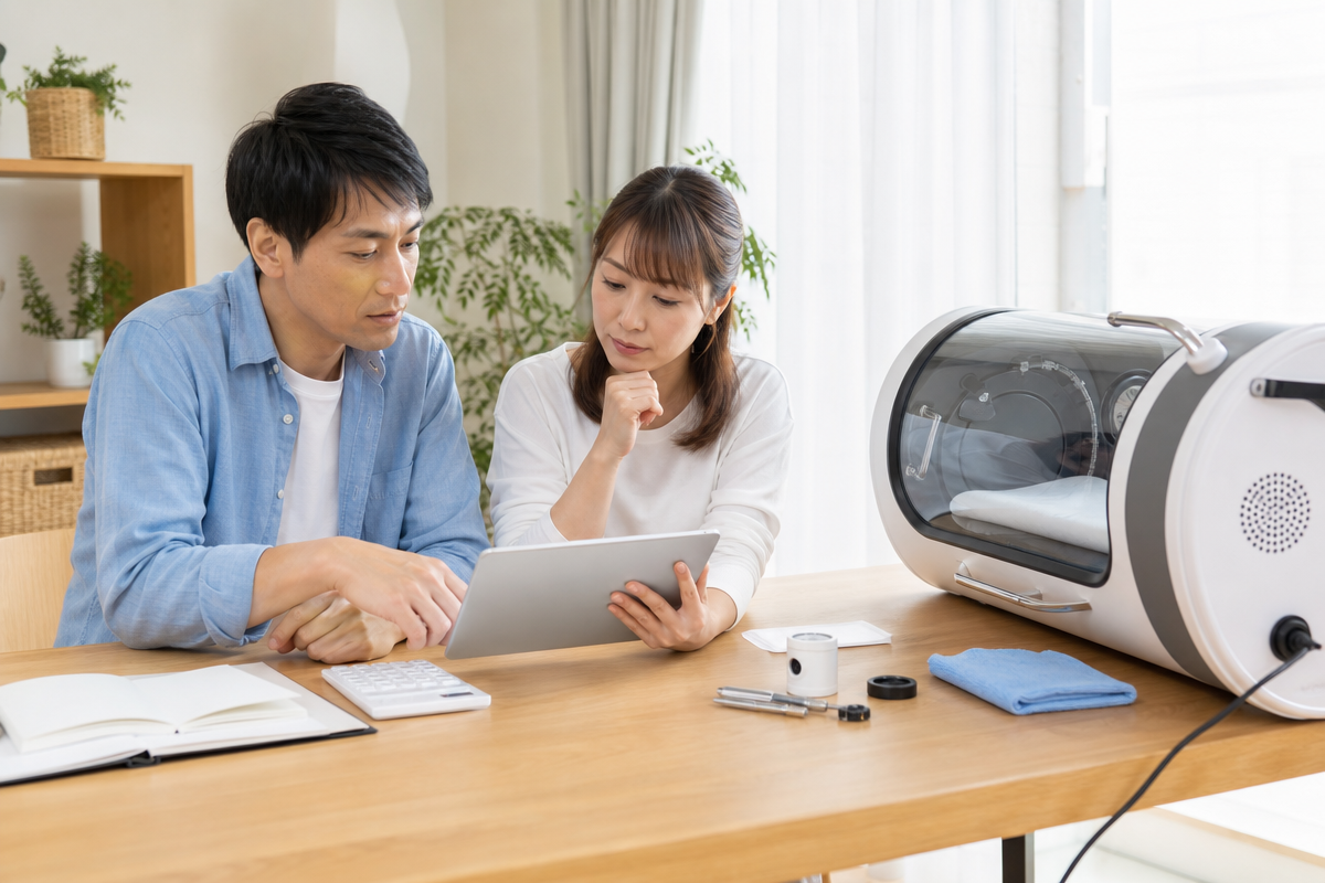 日本人夫婦が家庭用酸素カプセルの月額コストを試算している様子。机の上にタブレットと工具があり、電気代や保守費用を確認している。