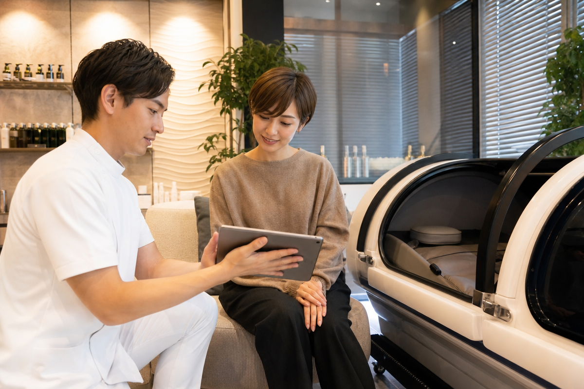 大分市内の酸素カプセル施設で整骨院型とサロン型の特徴を比較する日本人男女がチェックリストを確認している様子  