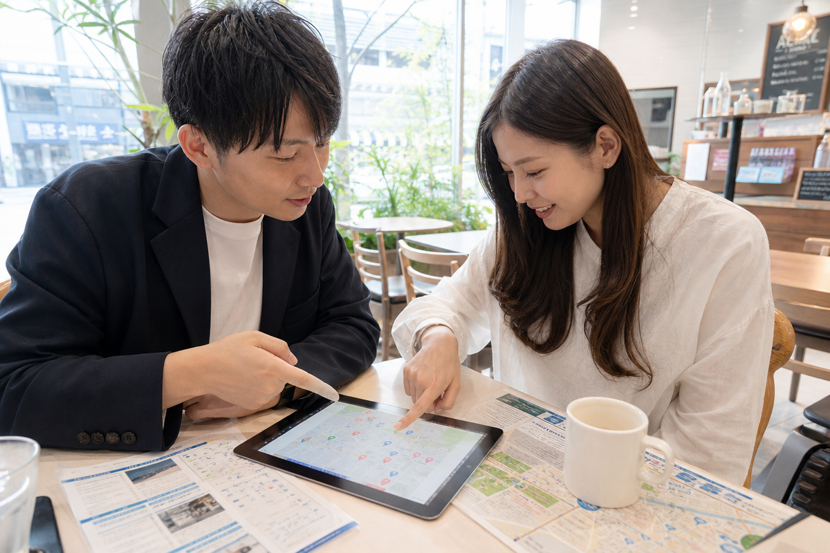 岡山の酸素カプセル店舗を地図とタブレットで比較する日本人男女がカフェで情報を確認している様子