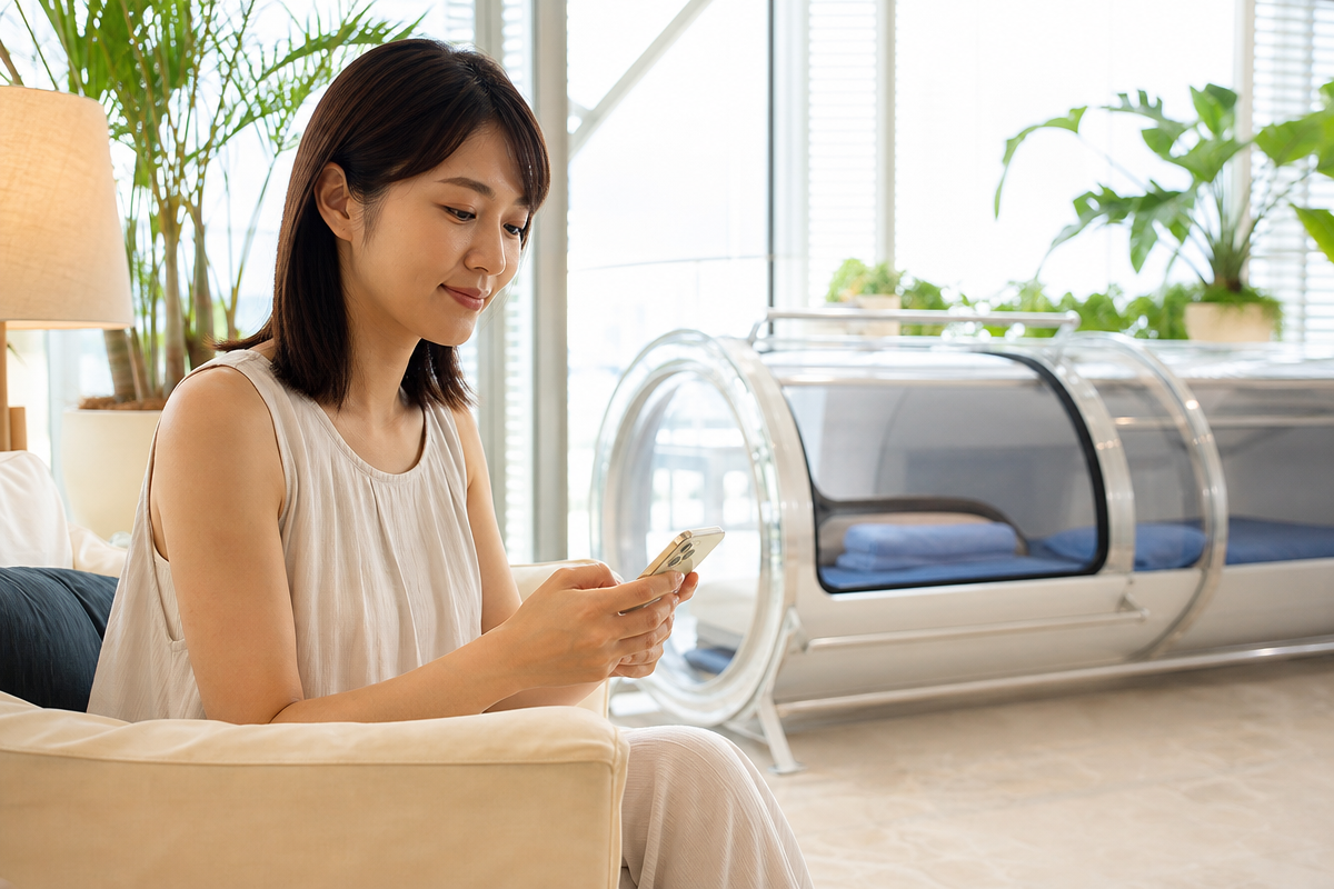 沖縄の酸素カプセル施設で日本人女性がスマートフォンで予約確認をしている様子を描いたリアルな画像