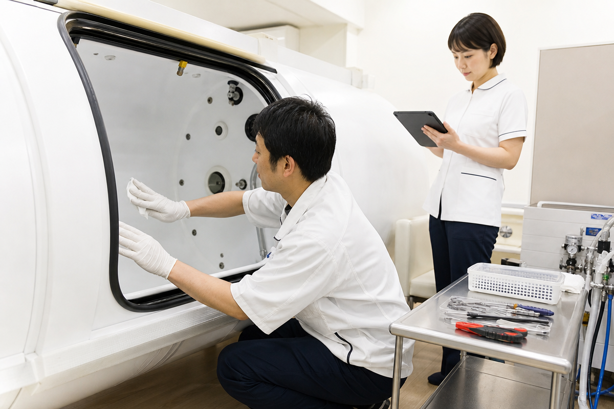 日本人スタッフが酸素カプセル内部を清拭し、運用点検を行う様子。レンタル 酸素カプセルの衛生管理と保守作業を示す。  