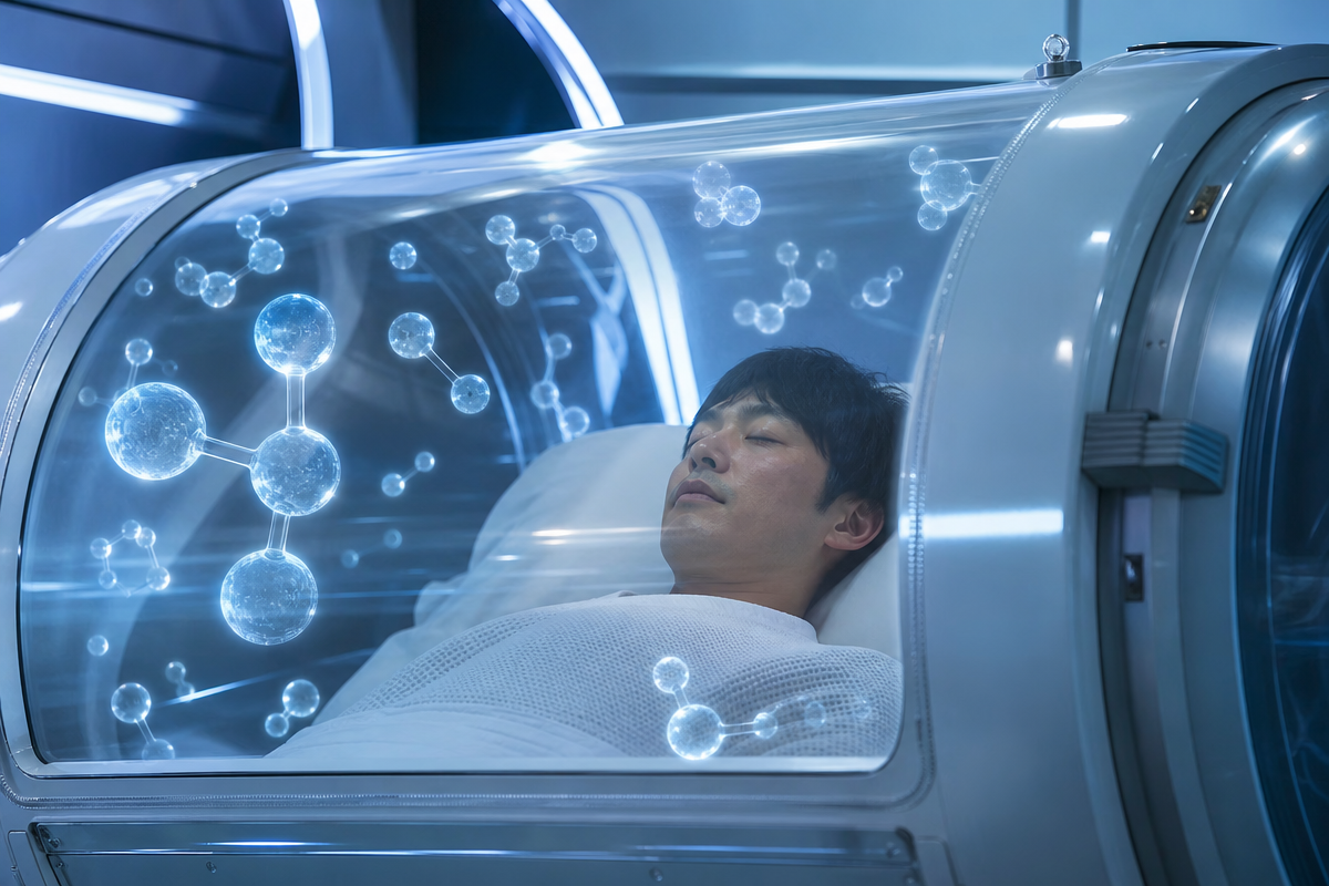 酸素カプセル内で静かに横たわる日本人男性と活性酸素の分子イメージが浮かぶ様子を描いた医療研究風景 酸素カプセル 寿命が縮む のリスク概念を示す構図