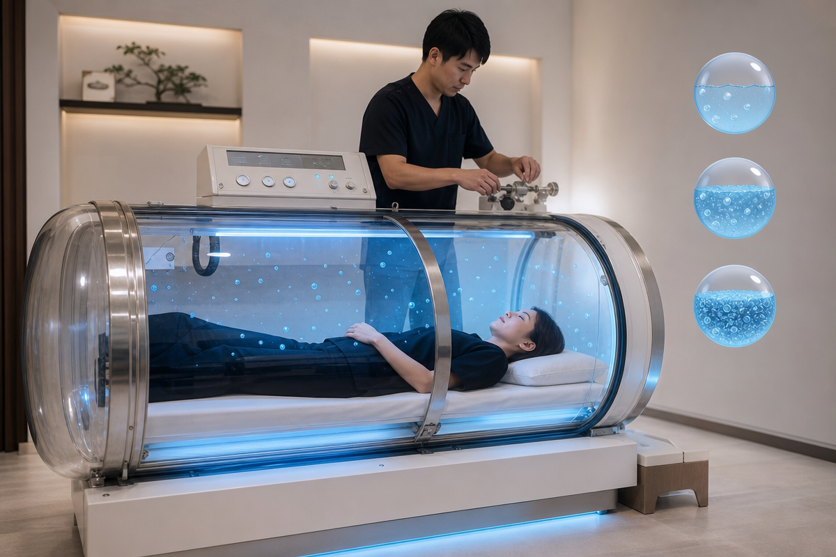 日本人技師が酸素カプセルの気圧を調整し、溶解型酸素の仕組みを示す町田 酸素カプセルの室内光景