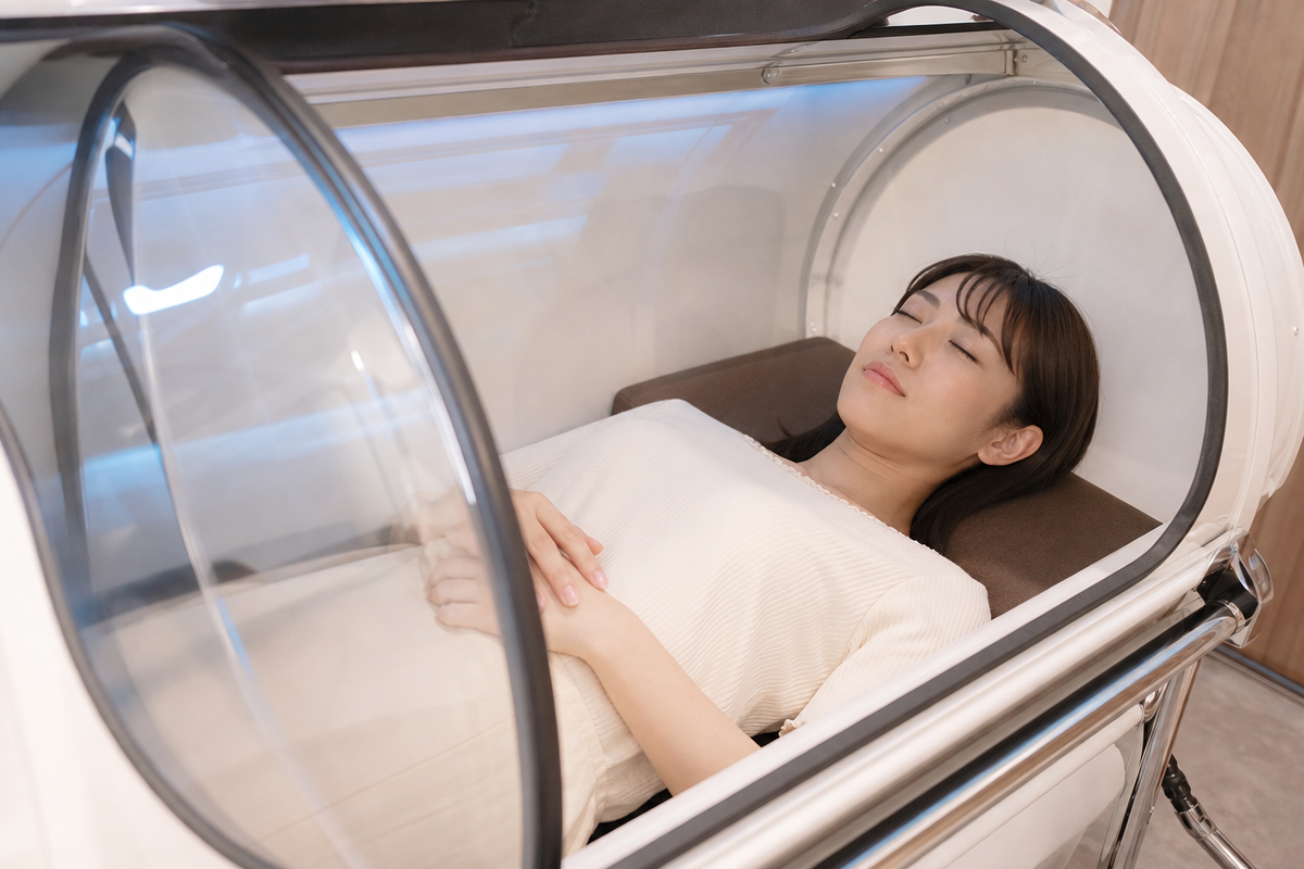 池袋のサロンで酸素カプセルに横たわる日本人女性が疲労回復とリラックス効果を体感している様子