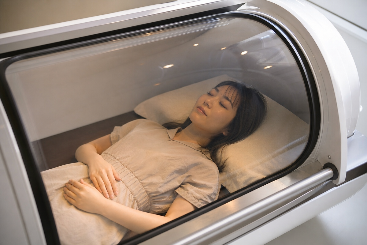 麻布十番のサロンで酸素カプセルに入ってリラックスする日本人女性が穏やかに目を閉じている様子 疲労回復効果を示す落ち着いた雰囲気  