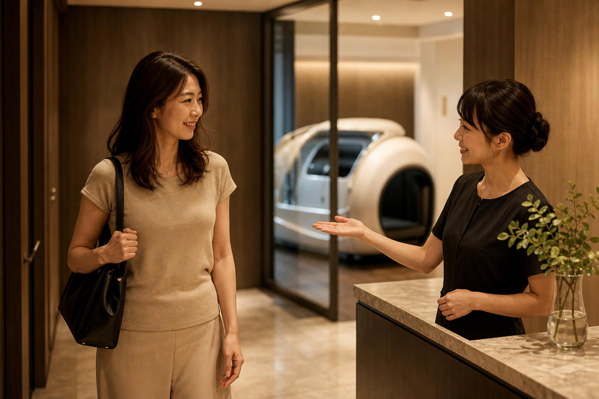 麻布十番の酸素カプセルサロンで日本人女性が受付を済ませ、スタッフに案内されている様子。  