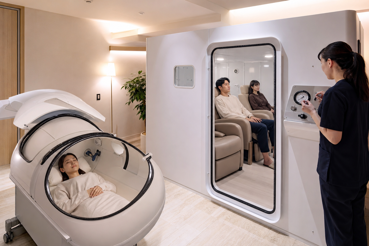 東京のサロンで日本人スタッフが酸素カプセルを操作し、ドーム型とチェンバー型の違いを示す様子。