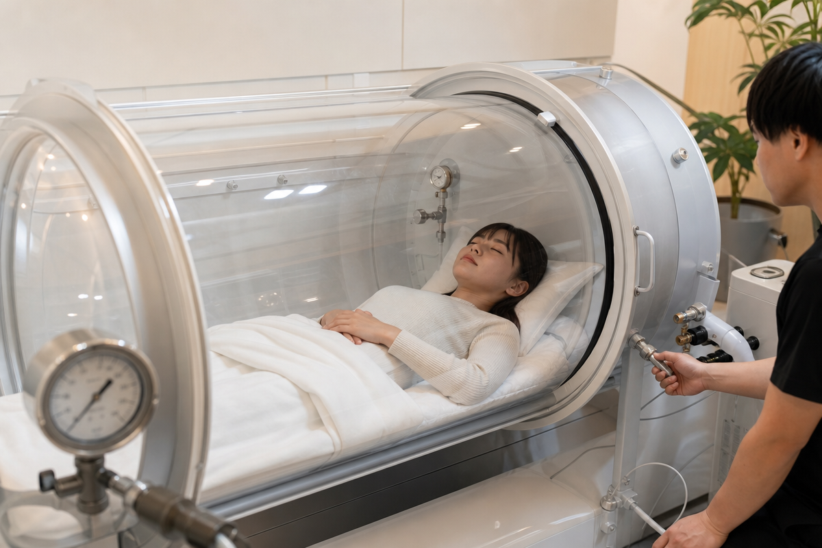 日本人女性が高気圧酸素カプセル内でリラックスし、外部で技師が操作する様子。酸素カプセルとはの仕組みを示す構図。