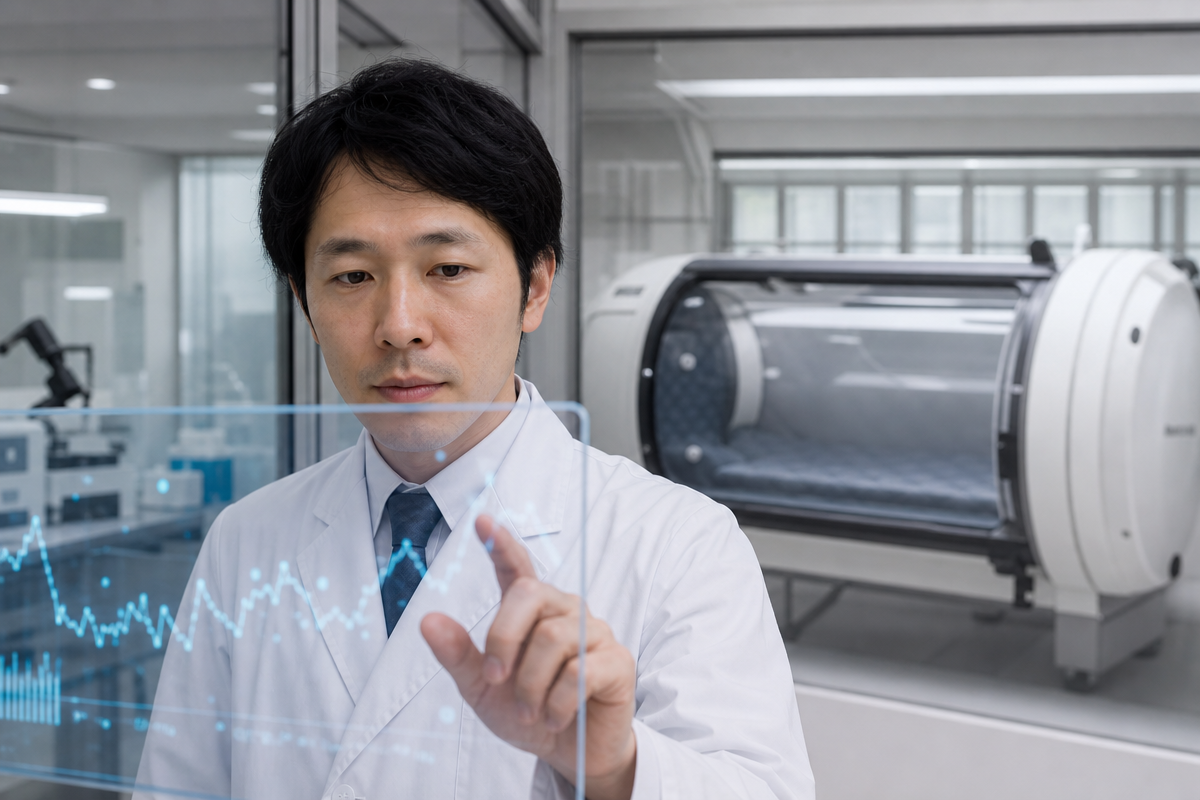 日本人の研究者が酸素カプセル装置を背に酸素濃度データを解析する様子。酸素カプセル 寿命が縮む 検証の科学的根拠を示す場面。
