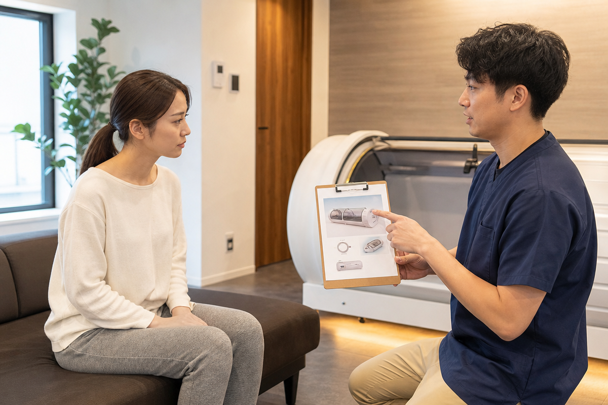 山梨の施設で日本人女性が医療スタッフから酸素カプセルの禁忌や副作用の注意点を説明されている様子  