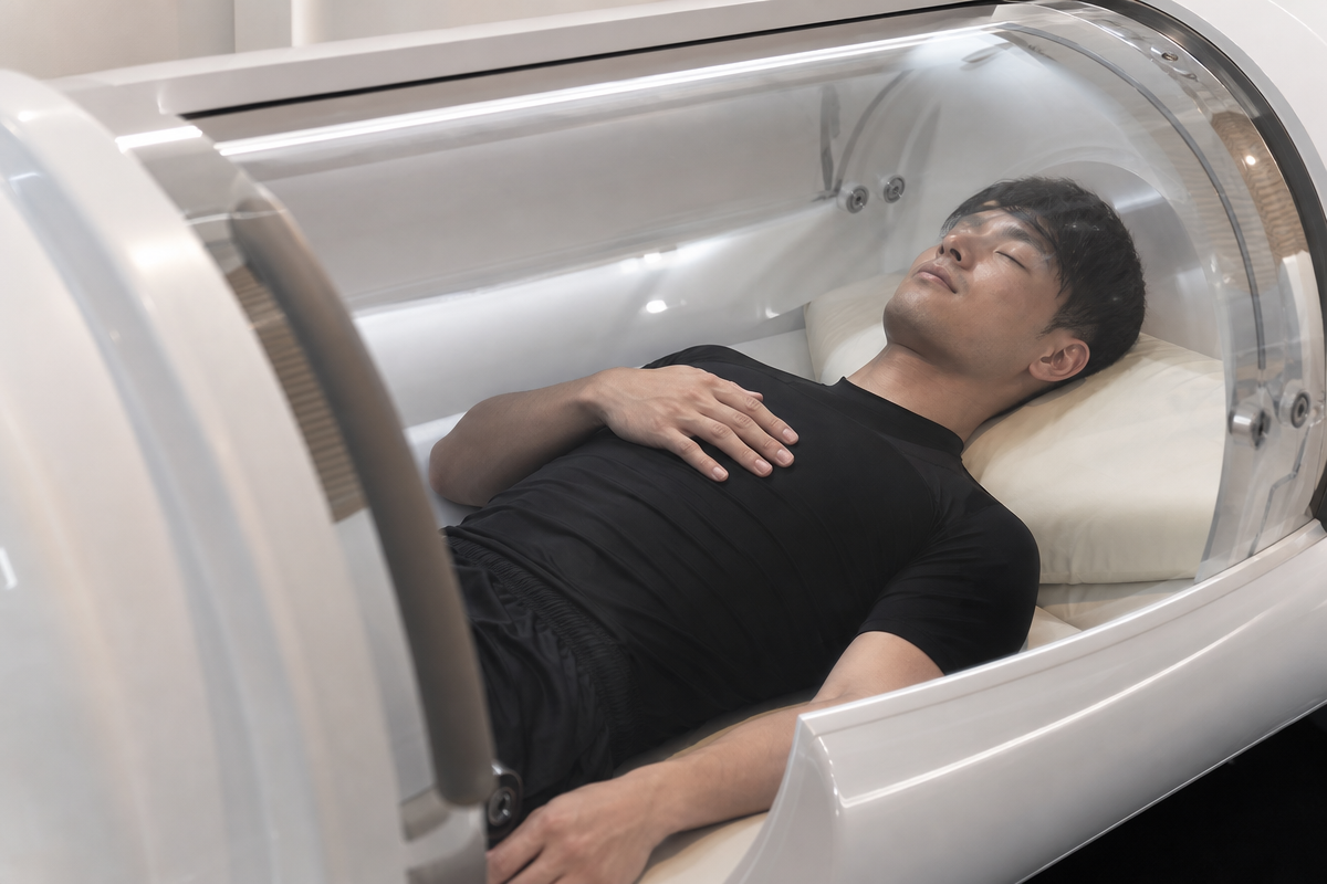 酸素カプセル内で安らぐ日本人男性アスリートが疲労回復を促す様子を表す画像  