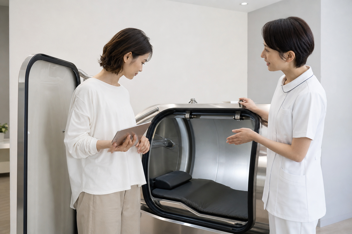 東京のクリニックで日本人女性が酸素カプセルの安全確認を受ける様子を示す画像。東京 酸素カプセル