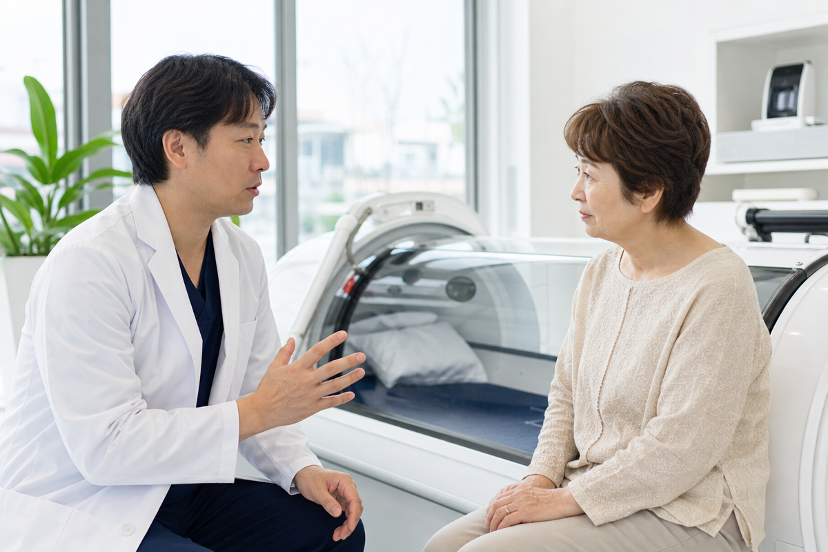 日本人医師が高齢女性に酸素カプセルの安全性と副作用について説明している様子
