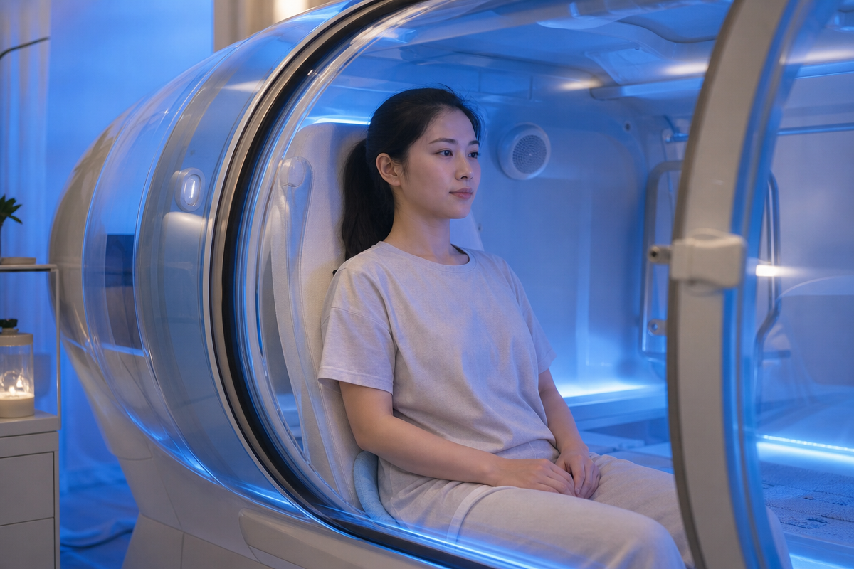 浜松の酸素カプセル内で静かに座る日本人女性が耳の圧調整を意識しながら安全に体験している様子