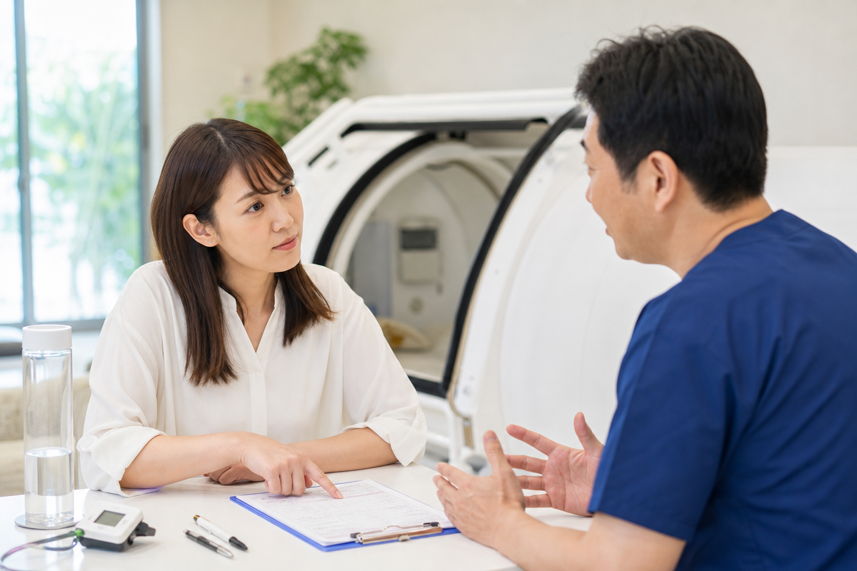 大分のクリニックで日本人女性が医師に酸素カプセル利用前の禁忌事項を相談している様子。  