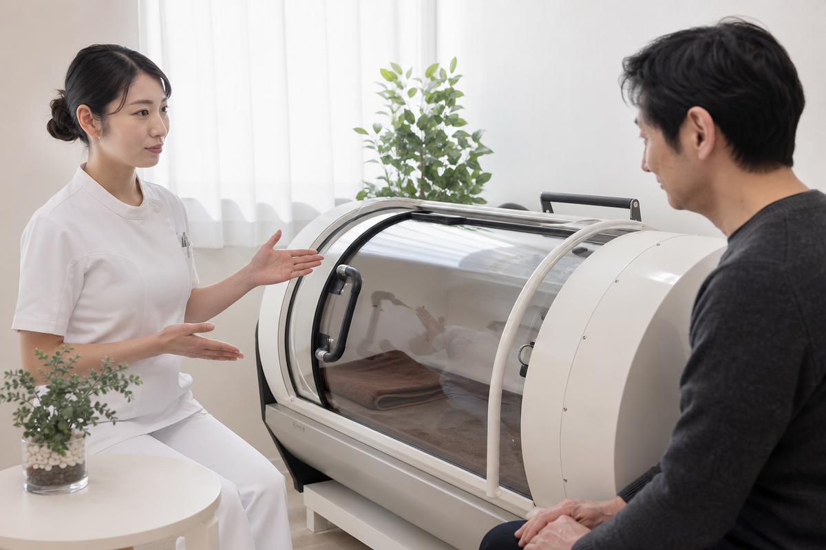 医療室で日本人医師が酸素カプセルの禁忌事項を説明し安全利用を指導する様子 広島 酸素カプセル