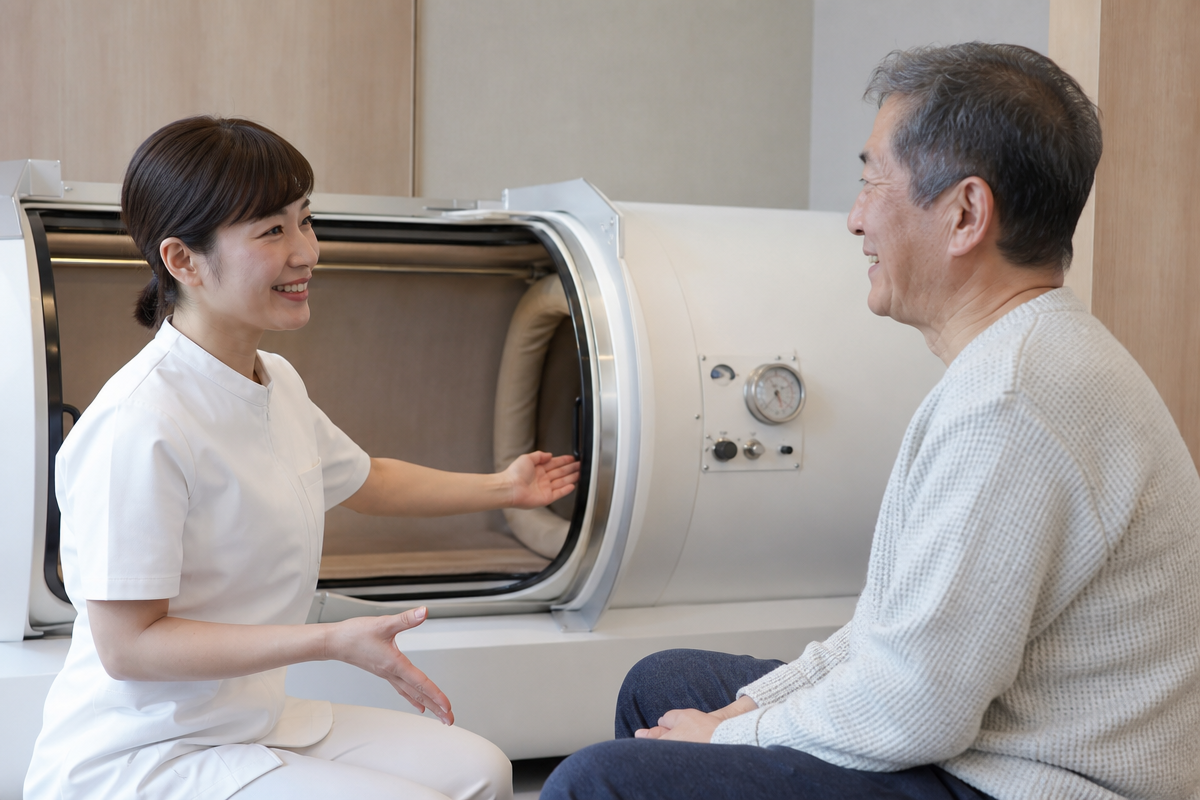 日本人スタッフが高齢者に梅田 酸素カプセルの安全な利用方法を説明している様子