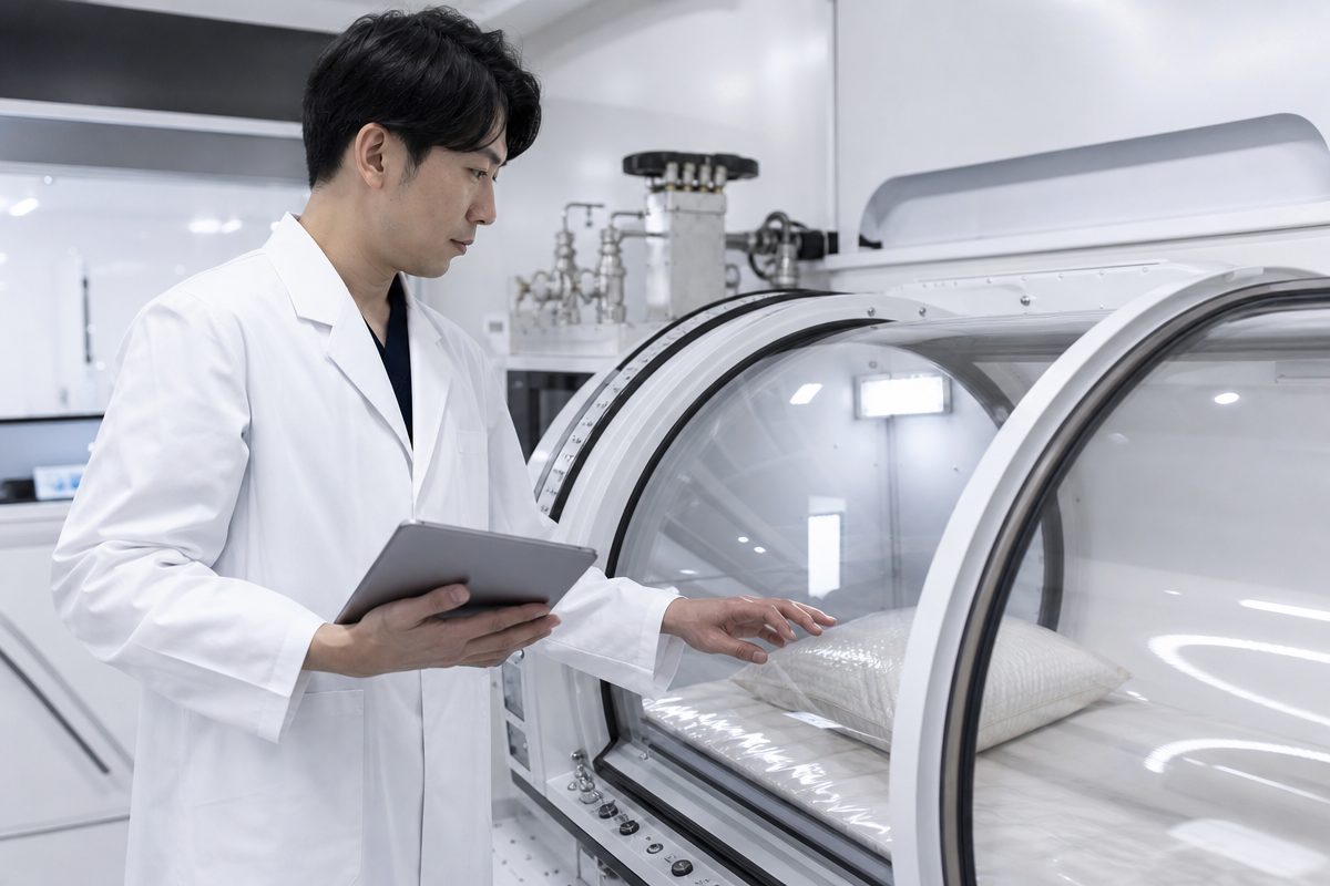 日本人研究者が酸素カプセルを検証する科学的実験室の様子を示す画像 酸素カプセル 効果ないの検証を表現  