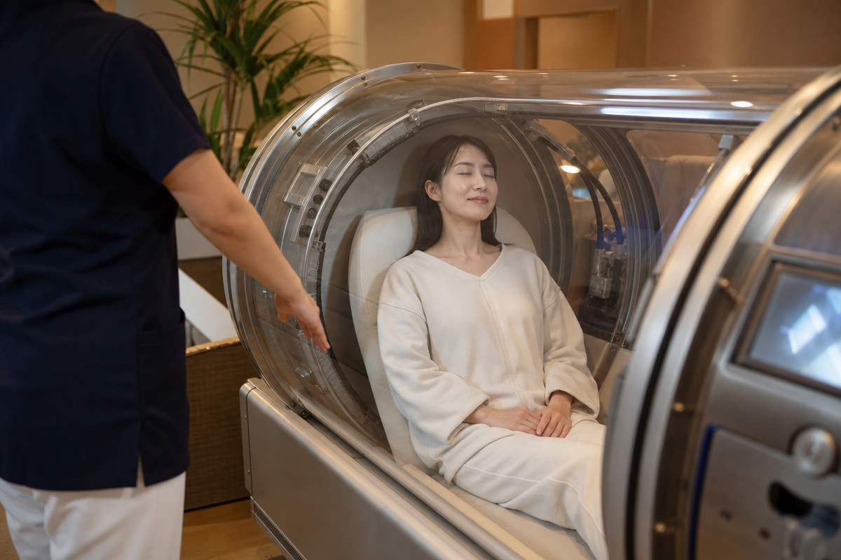 京都のウェルネス施設で酸素カプセルに入る日本人女性が落ち着いて施術を受ける様子を描いた画像 京都 酸素カプセル