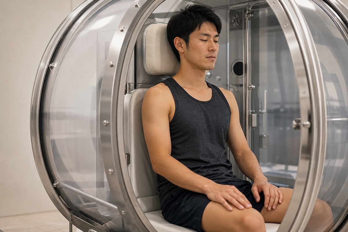 酸素カプセル 部屋で日本人ランナーが休息し、疲労回復と睡眠改善効果を体験している様子  