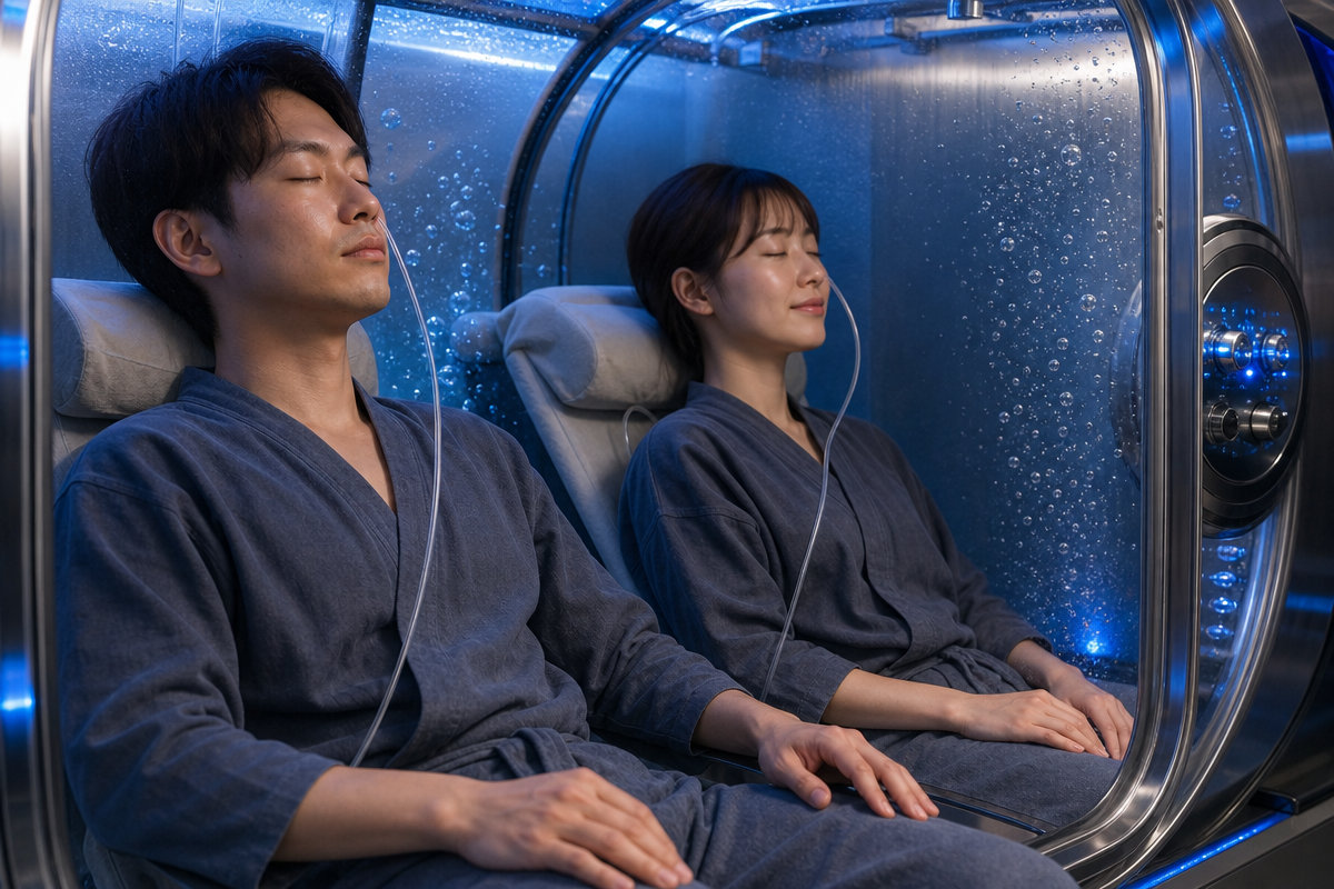 日本人男女が透明な酸素カプセル部屋に入り、高気圧環境で溶解型酸素を体内に取り込む様子を描いた画像  