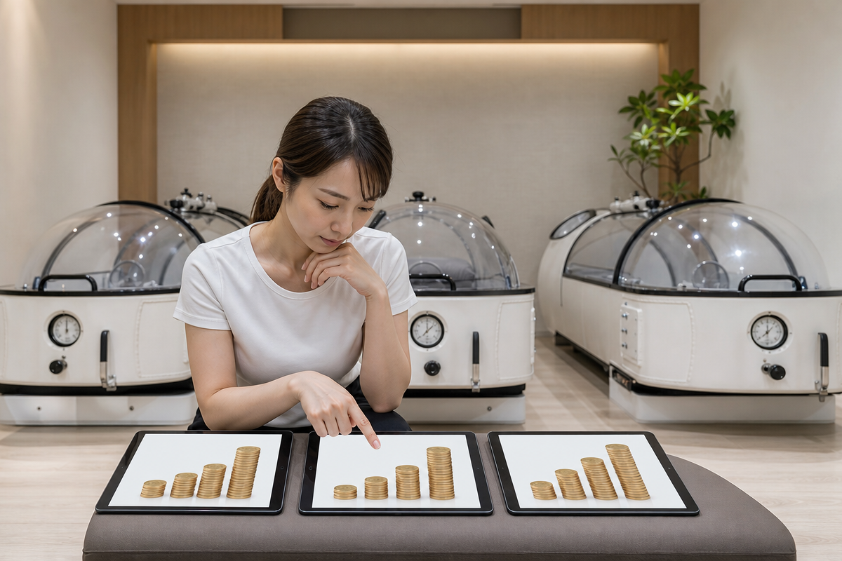 日本人女性が酸素カプセルの気圧設定と料金相場を比較している様子。透明カプセルが並ぶスタジオで、1.1気圧から1.3気圧の違いを確認している。