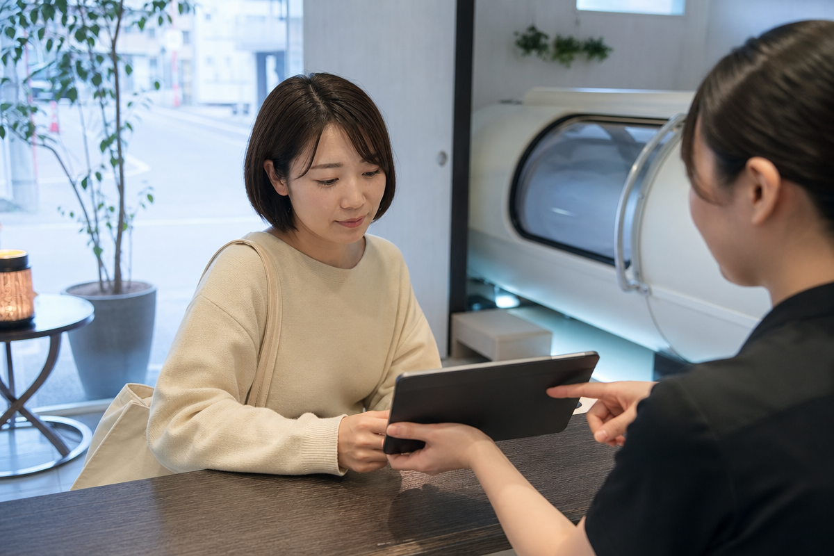 徳島のサロンで日本人女性がスタッフと酸素カプセルの料金相場と予約方法を確認している様子