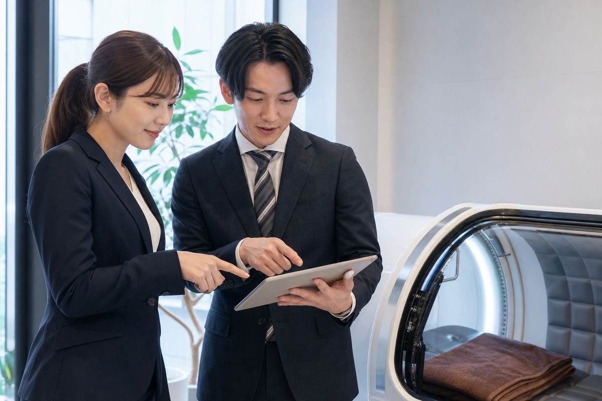 日本人ビジネス男女が酸素カプセルのレンタル料金表をタブレットで確認している様子