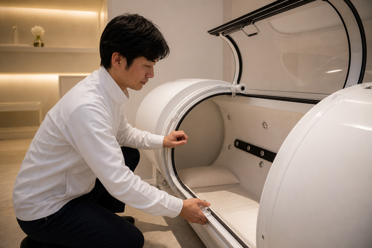 日本人技術者がレンタル酸素カプセルの内部構造を確認している様子。白い筐体と計器が並ぶ清潔なクリニックの一角で、気圧モデル比較の理解を助けるイメージ。  