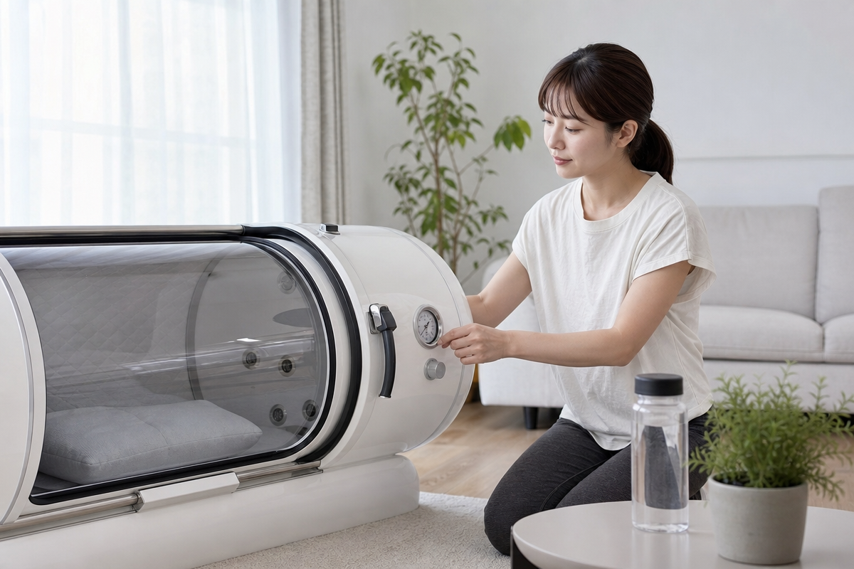 明るい自宅で日本人女性が酸素カプセルの設定を確認しながら安全に準備している様子。酸素カプセル デメリット 老化に配慮した利用ガイドのイメージ。
