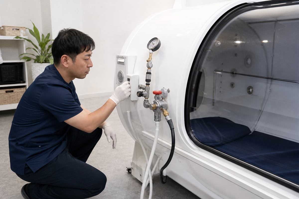日本人技術者がレンタル酸素カプセルの安全装置を点検し、緊急排気弁と圧力計を確認している様子  